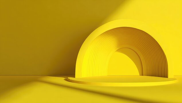 A sunlit, minimalist scene. A circular platform is backed by a layered, arching structure. The entire composition is bathed in a solid, bright yellow hue