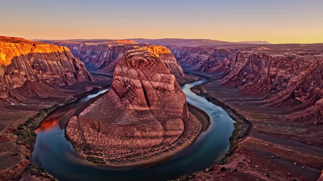 Aerial view of horseshoe bend at sunset: iconic arizona landscape and colorado river meander in golden hour light