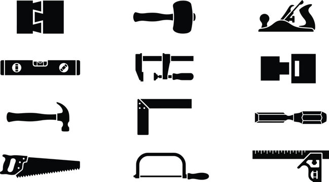 Black silhouettes of various carpentry tools on white background isolated on white background, Vector
