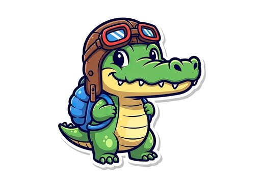 Cute cartoon crocodile wearing aviator hat and backpack