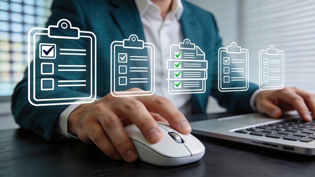 Business professional using laptop computer and mouse with floating checklist clipboard icons, task management, project planning, productivity tracking, goal setting,