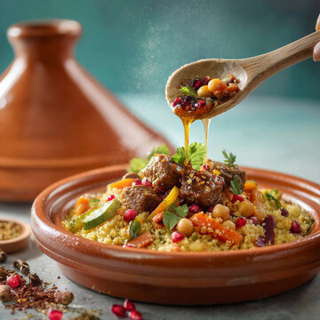 Moroccan couscous with lamb and vegetables, seasoned with cumin and coriander.