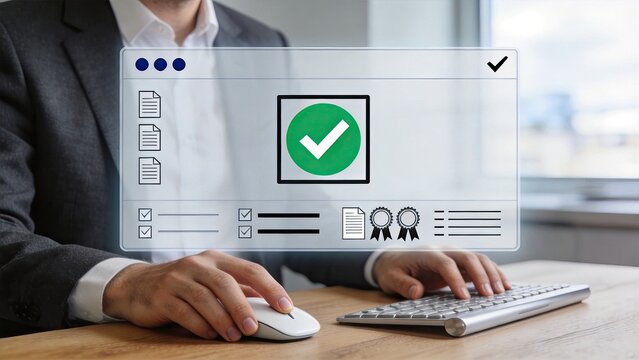 Digital document approval checklist with green check mark, business success and verification concept