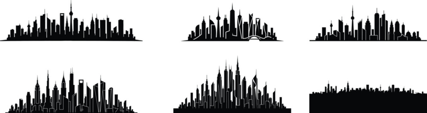 City skyline silhouettes collection modern urban landscape vector graphics