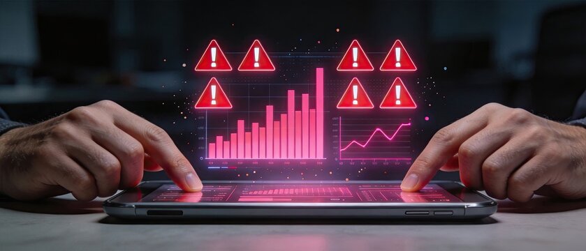 Financial crisis warning system, tablet screen showing red alert signs and declining charts, economic recession risk analysis, stock market crash concept for investors and traders