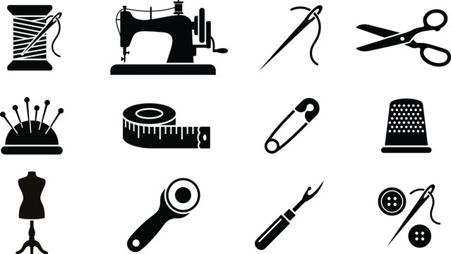 Black and white sewing icons set including spool thread sewing machine isolated on white background, Vector
