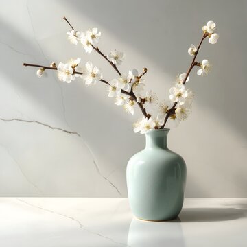 Authentic celadon vase with blooming white plum blossom branch