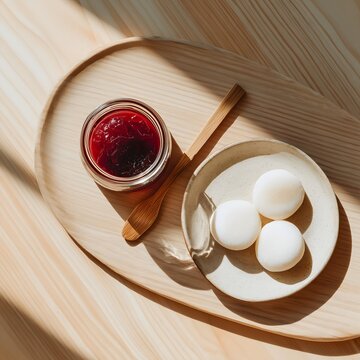 Modern Korean rice cake dessert with red bean jam on wooden Soban