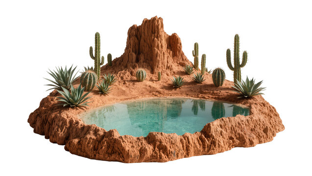 Desert oasis with cacti and agave plants surrounding turquoise water, isolated on transparent background