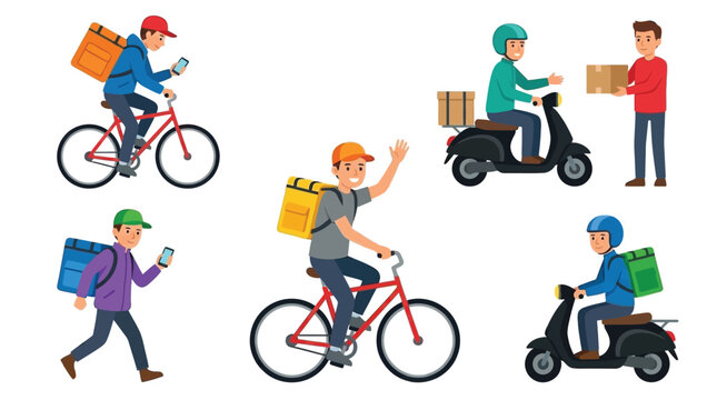 Diverse delivery people using various transportation methods for quick service,ood delivery set.