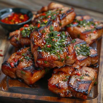 Thai grilled pork belly crispy skin spicy sauce authentic Thai street food close up composition rich texture cinematic lighting high detail photography