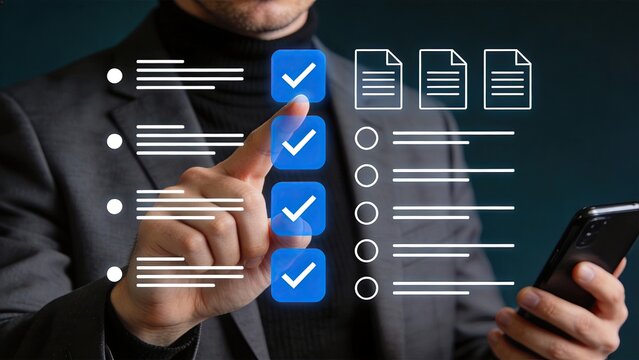 Business professional completing checklist tasks on mobile device with holographic icons representing documents and verified items for organization.