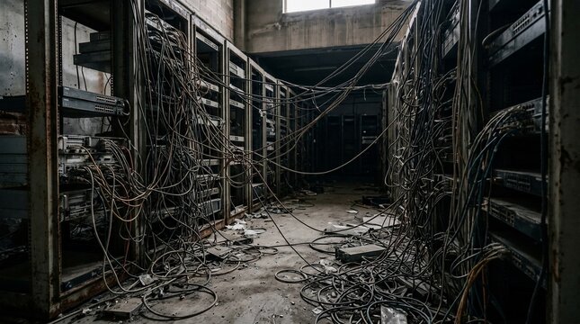Abandoned server room with tangled wires and old equipment.