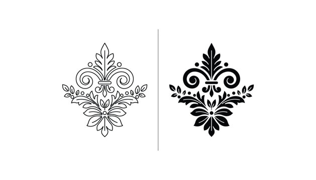 Elegant floral fleur de lis decorative emblem design in both outline and solid black silhouette styles for heraldic and vintage graphic projects