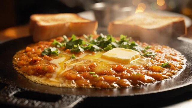 Spicy pav bhaji with melting butter and toasted buns on a warm griddle in a rustic restaurant.
