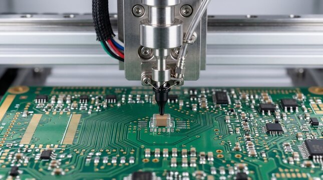 Automated SMT assembly machine placing electronic components on a printed circuit board.