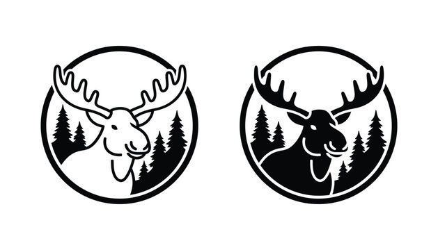 Majestic moose with antlers surrounded by pine trees in circular outline and silhouette vector art for nature themes