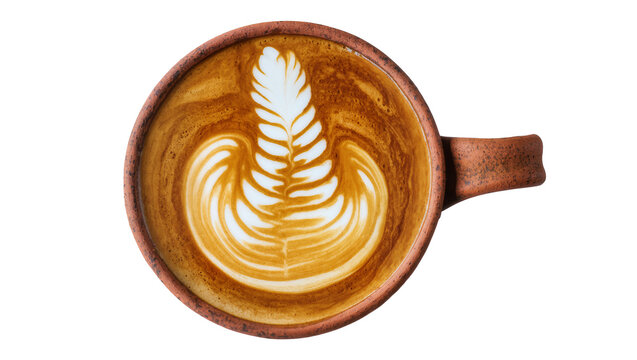 Top view of terracotta cup with latte art coffee, isolated on transparent background