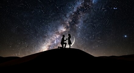 Fototapeta premium Couple silhouetted proposing under starry night sky with Milky Way