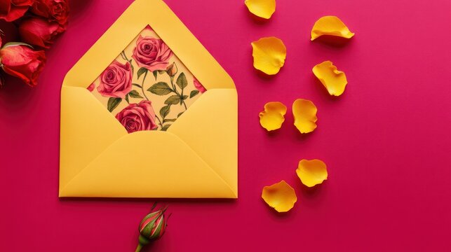 Floral envelope on magenta background.  Possible use Stationery design inspiration