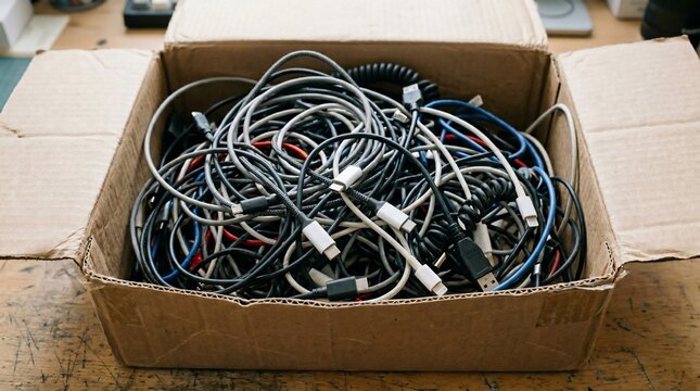 Cardboard box filled with tangled electronic cables and wires.