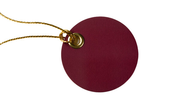 Round burgundy tag with gold grommet and string, isolated on transparent background