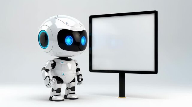 3d robot standing next to blank digital signboard on white background