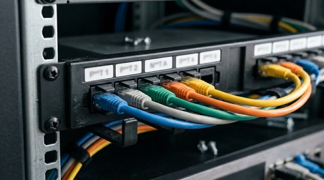 Close up of network cables connected to a server rack patch panel.