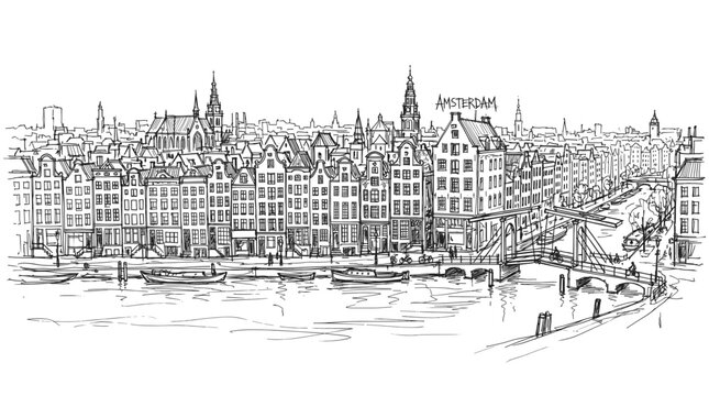 A detailed black and white sketch of the historic Amsterdam canal houses and cityscape, showcasing intricate architectural details and a bustling waterfront scene.