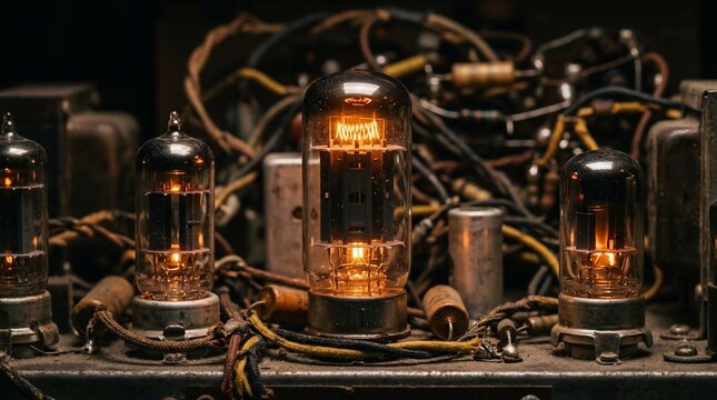 Close up view of glowing vacuum tubes inside vintage electronic device.
