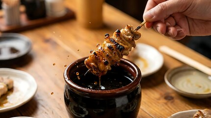 Dipping Grilled Chicken Skin Kawa Skewer into Dark Tare Sauce with Splashing Droplets
