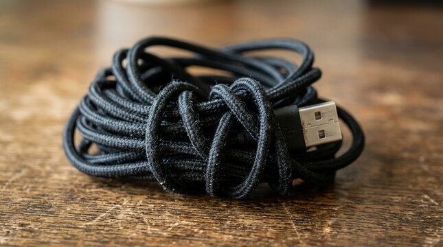 Coiled black USB charging cable on a wooden surface.