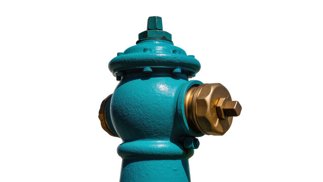 Teal fire hydrant with brass fittings, isolated on transparent background