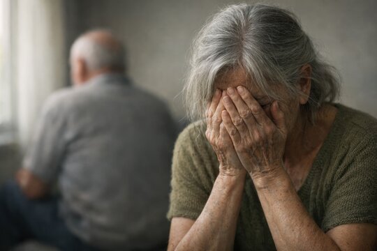 Elderly woman crying, hands covering face, expressing grief and emotional pain. Senior couple experiencing relationship problems, divorce, or loss. A poignant depiction of sadness and despair.