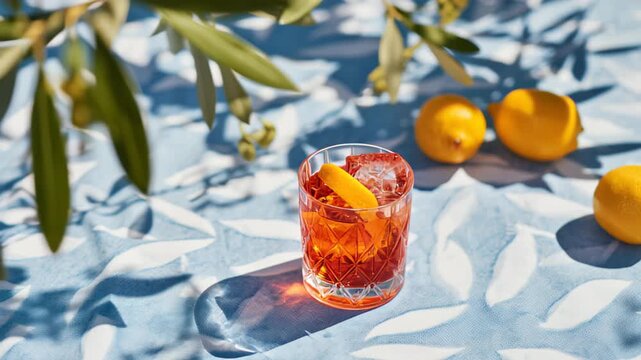 Refreshing aperol spritz cocktail with citrus on a sunny outdoor table