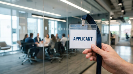 Obraz premium Hand holding an applicant visitor ID badge with a blurred conference room in background.
