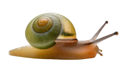 Green and yellow spiral shell snail with brown body, isolated on transparent background © PROSTOCK