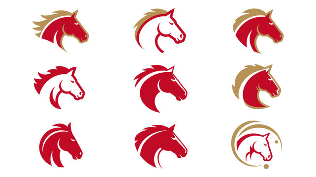 Red and gold horse head logos and emblems with illustration powerful majestic stallion equestrian