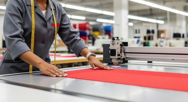 Modern textile garment manufacturing concept showing machine operator manufacturer positioning fabric on laser cutting table highlighting precision fashion production technology industry standards