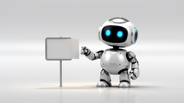 3d robot assistant waving at camera on white background in motion footage