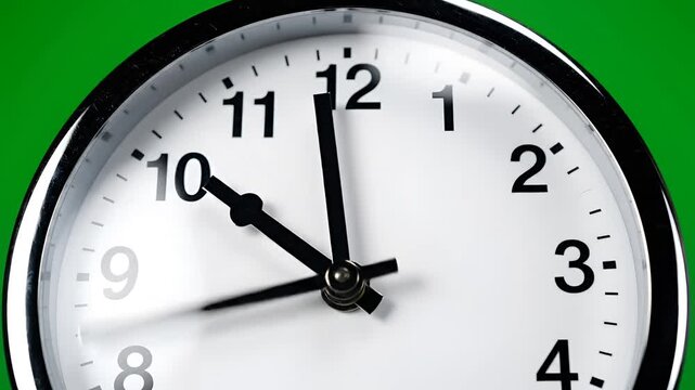 Close up of a clock face showing time passing.