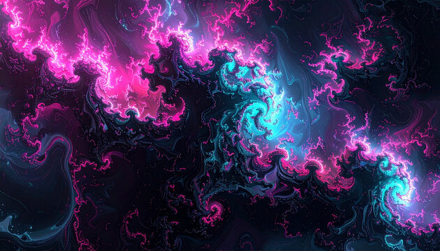 Vibrant abstract fractal art with swirling neon pink and blue patterns against a dark background, resembling cosmic energy or electric currents.