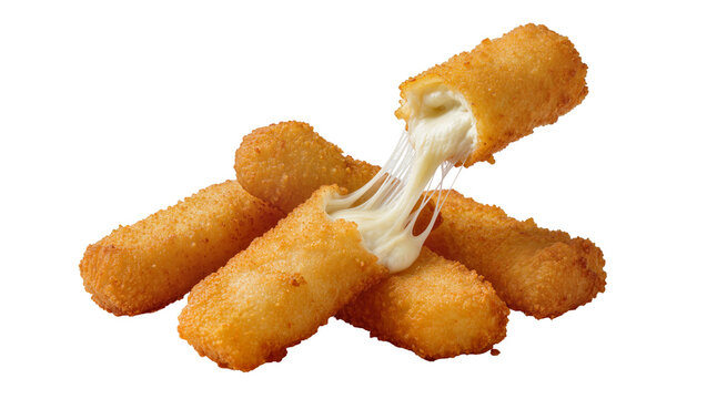Golden crispy fried mozzarella cheese sticks with melted stringy cheese, isolated on transparent background