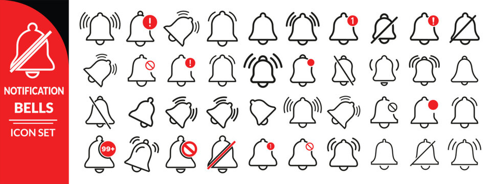 Notification bells icon. Ringing bell with new notification for alarm clock and smartphone application alert or new message. Bells is shaking to alert new notifications, ​for web site, logo, app, icon