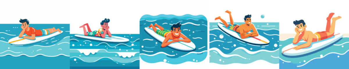 vector of a man lying face down on a surfboard in the blue sea © Andi