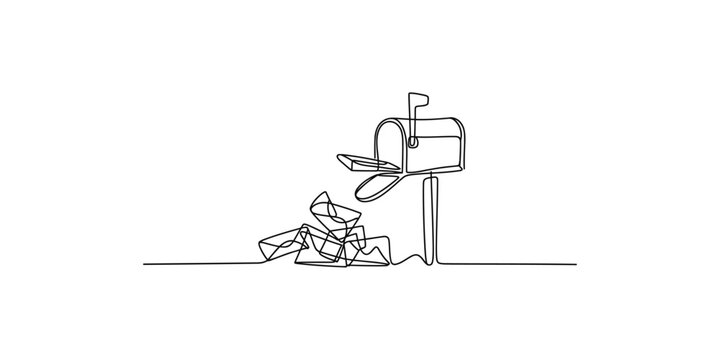 Continuous line drawing of a mailbox with letters being inserted into it