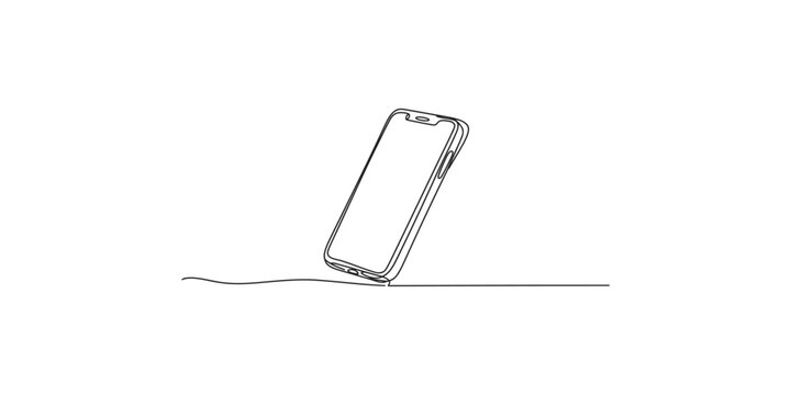 A line drawing of a smartphone standing on its side with a charging cable