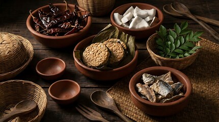 Fototapeta premium Hyper Regional Indian Spice and Fermentation Still Life with Smoked Chilies and Fermented Soybeans