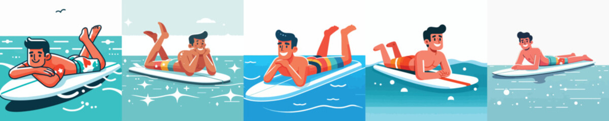 vector of a man lying face down on a surfboard in the blue sea © My_Vector