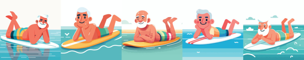 vector of a grandpa lying face down on a surfboard in the blue sea © My_Vector